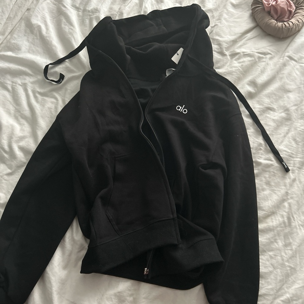 ALO Yoga Black Hooded Zip-Up Sweater